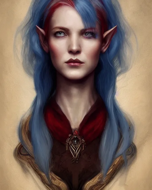 Prompt: A detailed matte oil on canvas head on symmetrical portrait of a distinguished elven woman with split red hair left and blue hair on an empty background, by Charlie bowater, lise deharme, trending on artstationhd, dungeons and dragons art, half & half hair, split dye, critical role