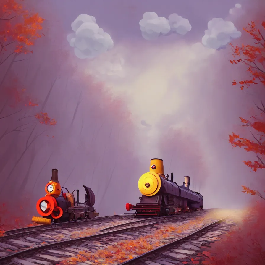 Prompt: Goro Fujita illustrating An antique steam train with a large white cloud coming out of the chimney travels through a beautiful autumn forest along the railroad tracks, art by Goro Fujita, concept art, sharp focus, ArtStation