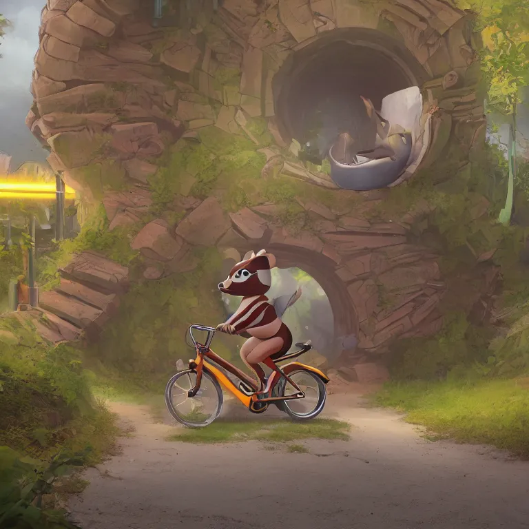 Image similar to A chipmunk riding a bike through a portal. Detailed digital matte painting in the style of simon stalenhag