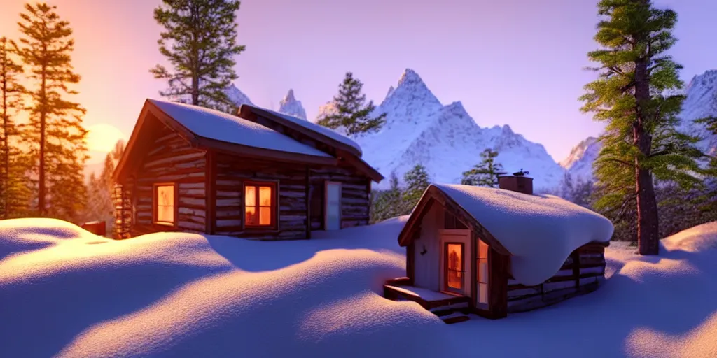 Image similar to a cozy little house in the woods, snowy mountains in the background relaxing, 3 d concept art by phillip urlich, chill, relaxing, peaceful, sunset, extremely detailed art, unreal engine 5, hyper realism