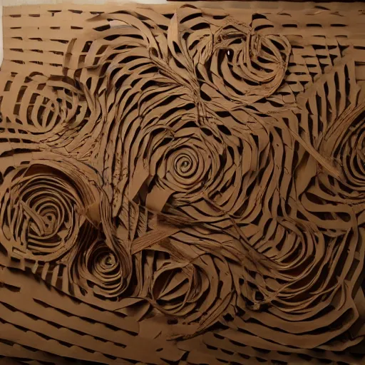 Image similar to tentacles made of brown corrugated cardboard, cut out of cardboard, realistic photography, fantasy