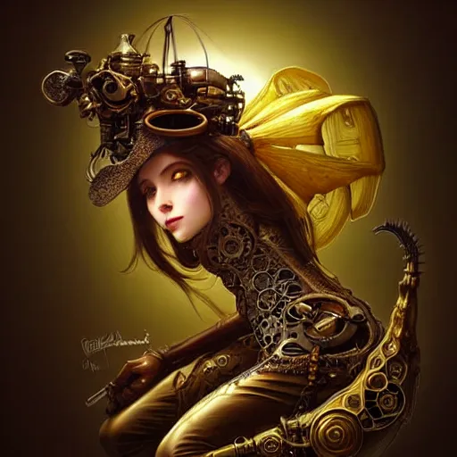 Image similar to STEAMPUNK BANANA! Epic fantasy art, award winning on Artstation, intricate, elegant, highly detailed, digital painting, art by artgerm and greg rutkowski and alphonse mucha, banana, banana, banana, only a steampunk banana please.