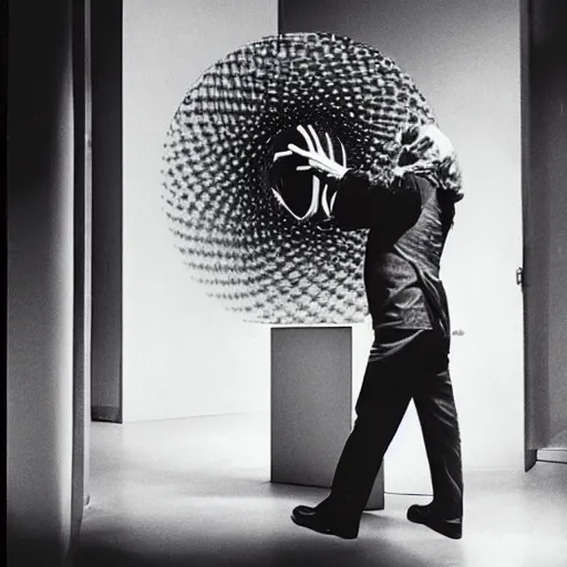 Prompt: A installation art. A rip in spacetime. Did this device in his hand open a portal to another dimension or reality?! by Ron Arad, by Giacomo Balla rich