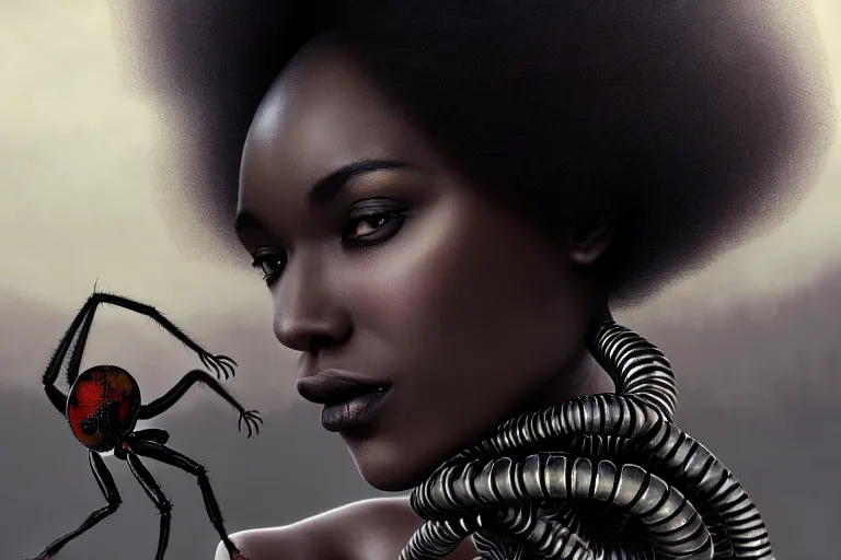 Image similar to realistic detailed closeup portrait movie shot of a beautiful black woman with a giant spider, dystopian city landscape background by denis villeneuve, amano, yves tanguy, alphonse mucha, max ernst, kehinde wiley, caravaggio, roger dean, cyber necklace, rich moody colours, sci fi patterns, wide angle