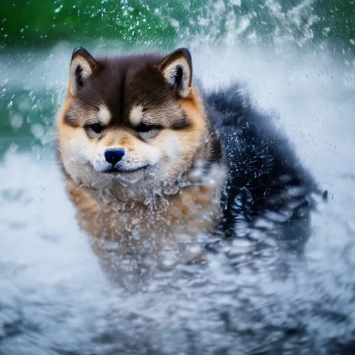 Prompt: Close up portrait of a big fluffy cat mixed with a shiba inu, award winning photograph, 50 mm lens and f/12.0, fast shutter speed of water floating in the air