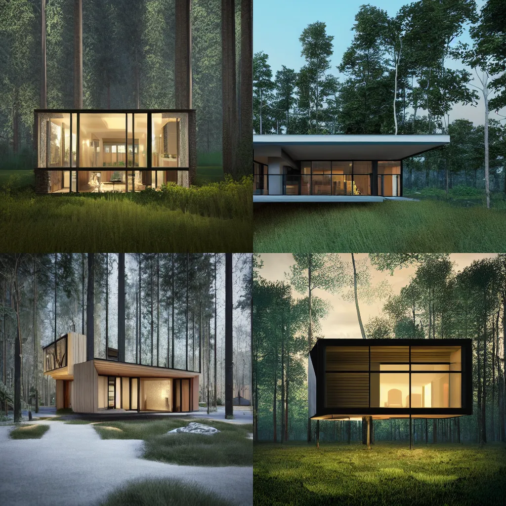 Image similar to a house in the middle of the forest, lights inside, contemporary architecture, architecture render, unreal engine, detailed