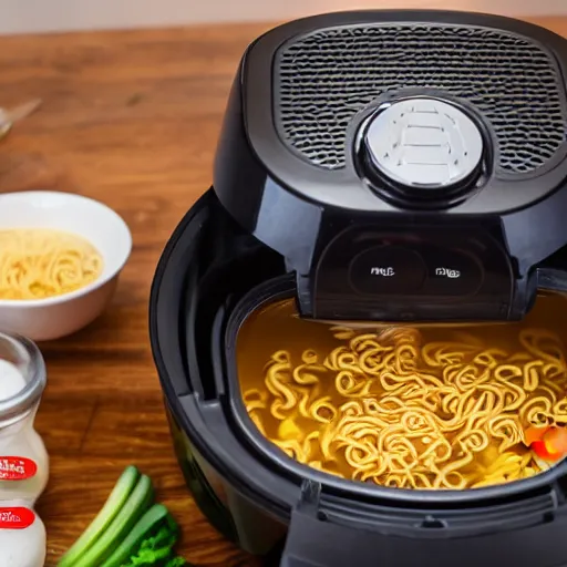 Image similar to Cooking ramen noodle soup in an airfryer, photo, kitchen interior background