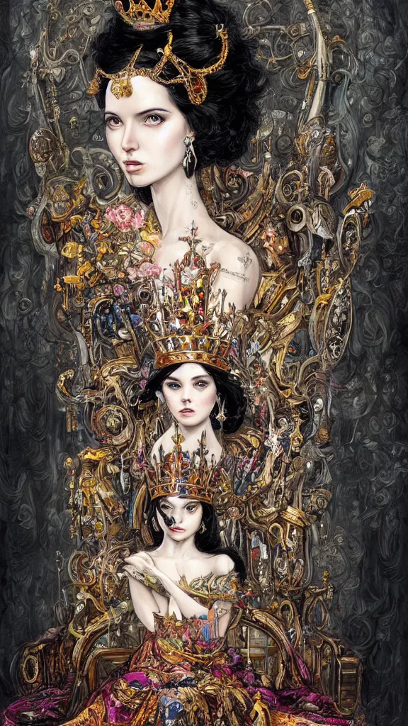 Image similar to painting of a beautiful black haired woman with pale skin and a crown on her head sitted on an intricate metal throne, illustration, artistic, colorful, hyper detailed, in the style of greg rutkowski,