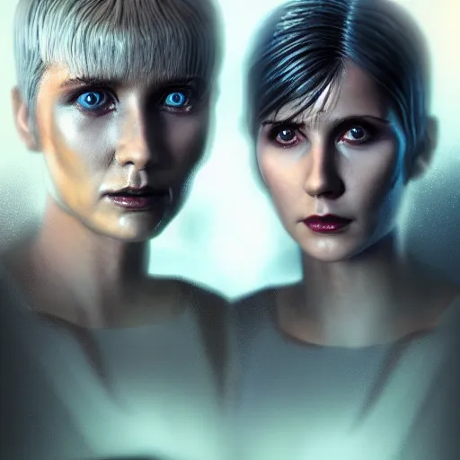 Image similar to a blade runner inspired portrait of 2 women 4k photorealistic, volumetric lighting, hd, high details, dramatic, trending on artstation