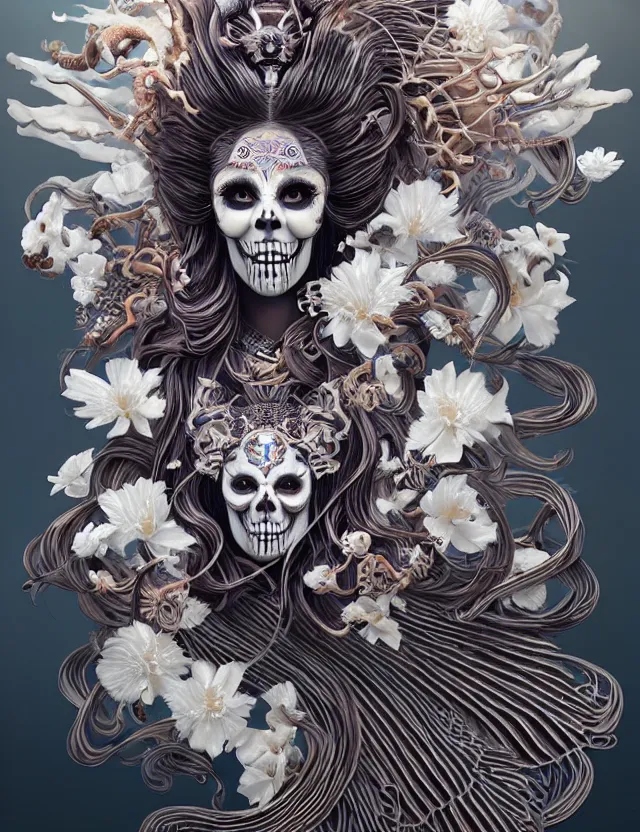 Image similar to 3 d goddess skull half - turn portrait with long hair with ram skull. beautiful intricately detailed japanese crow kitsune mask and clasical japanese kimono. betta fish, jellyfish phoenix, bio luminescent, plasma, ice, water, wind, creature, artwork by tooth wu and wlop and beeple and greg rutkowski