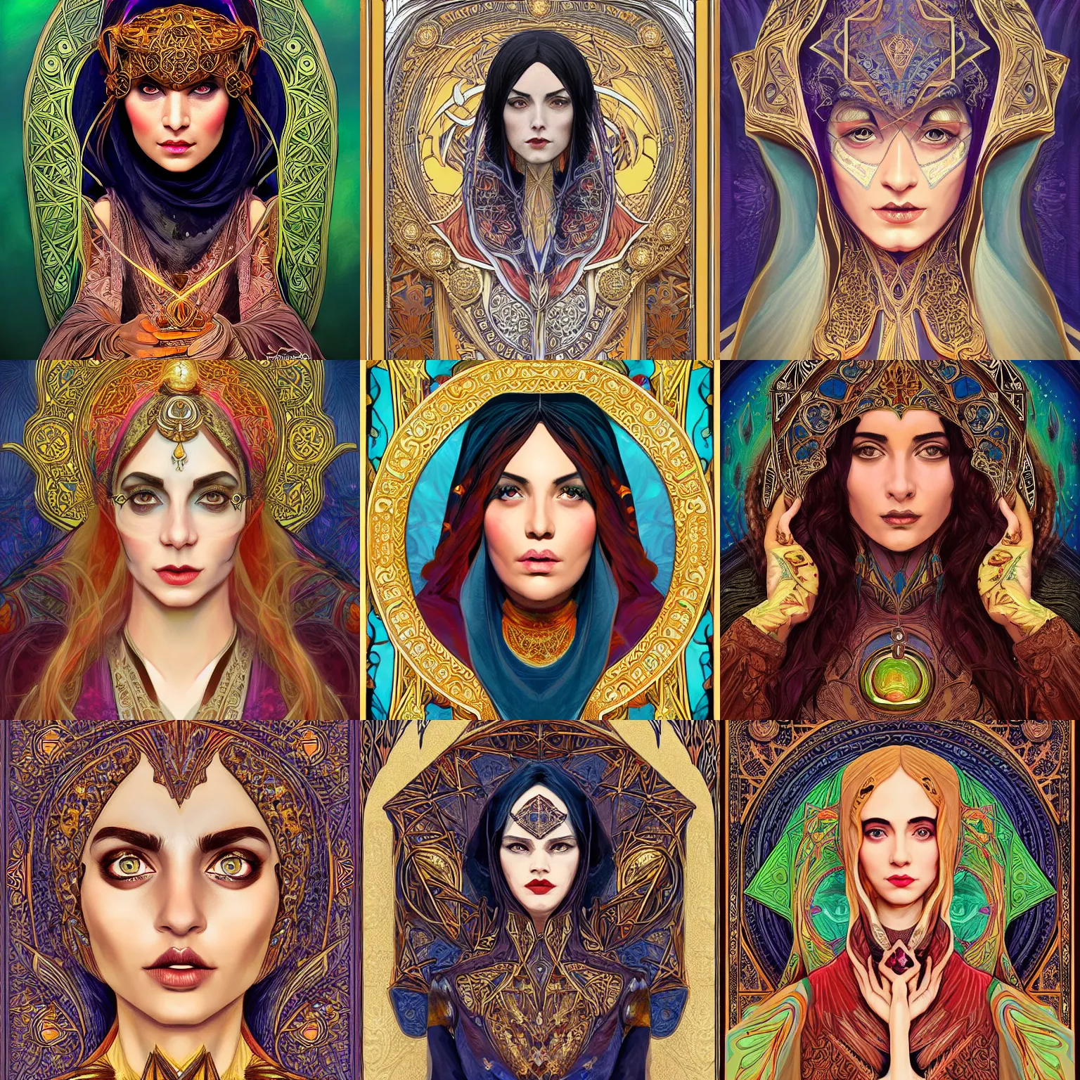 Prompt: head-on symmetrical centered painted portrait, Ghada Abdel Razek as a D&D wizard, ornate robes, art nouveau, tarot card style, fantasy, intricate, elegant, highly detailed, smooth, sharp focus, illustration, artstation, in the style of Artgerm and Anna Podedworna and Alex Ross and Mucha