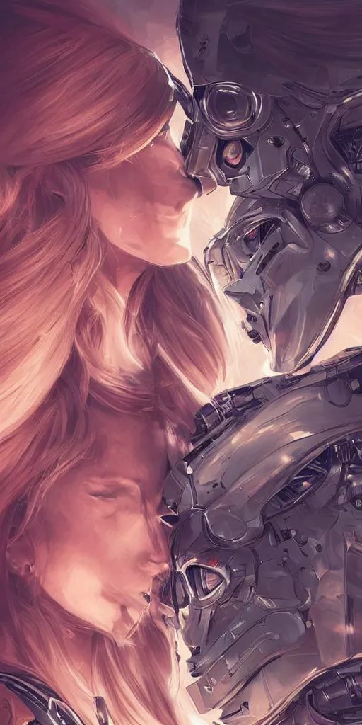 Prompt: close portrait of two lovers robots kissing against the backdrop of desert at the night for stories, highly detailed, highly intricate, digital art, fantasy, by artgerm - n 4