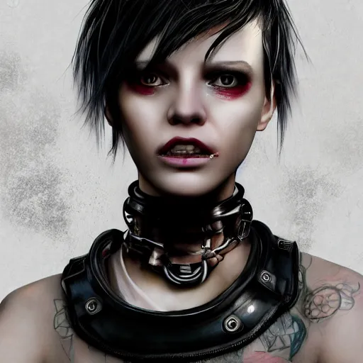 Image similar to detailed realistic female character cyberpunk wearing thick steel collar around neck, realistic, art, beautiful, 4K, collar, choker, collar around neck, punk, artstation, detailed, female, woman, choker, cyberpunk, neon, punk, collar, choker, collar around neck, thick collar, choker around neck, wearing choker, wearing collar,