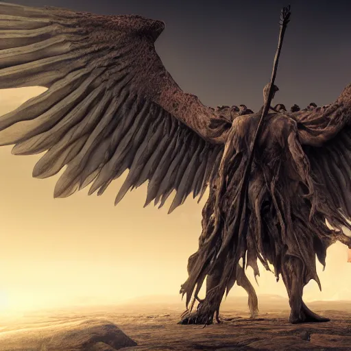 Prompt: cinematography picture of monster with angel wings and human skin, no eyes, long jaw, holding a spear, 8k, unreal engine 5, ps5, hyperrealistic, artstation, higly detailed