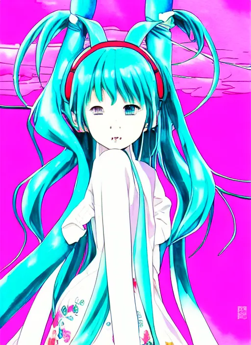 Prompt: a high detail watercolor of miku hatsune singing by Yukito Kishiro and katsuhiro otomo. pixiv fanbox skeb.jp clipstudio medibang ichi-up CGWORLD key visual manga cover