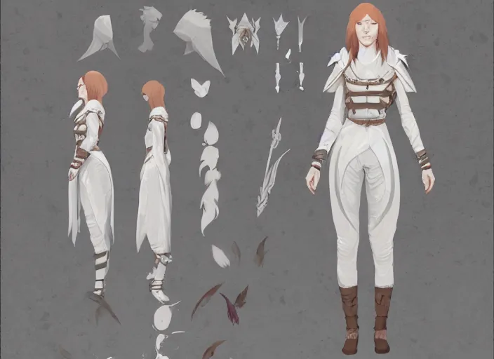 Image similar to character sheet for a ginger woman, mage, light white clothes, for dragon age by greg rutkowski, by studio ghibli, digital art, trending on artstation, hd, 8 k, highly detailed, good lighting, beautiful, masterpiece