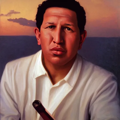 Prompt: Painting of Hugo Chavez as Patrick Bateman. Art by william adolphe bouguereau. During golden hour. Extremely detailed. Beautiful. 4K. Award winning.