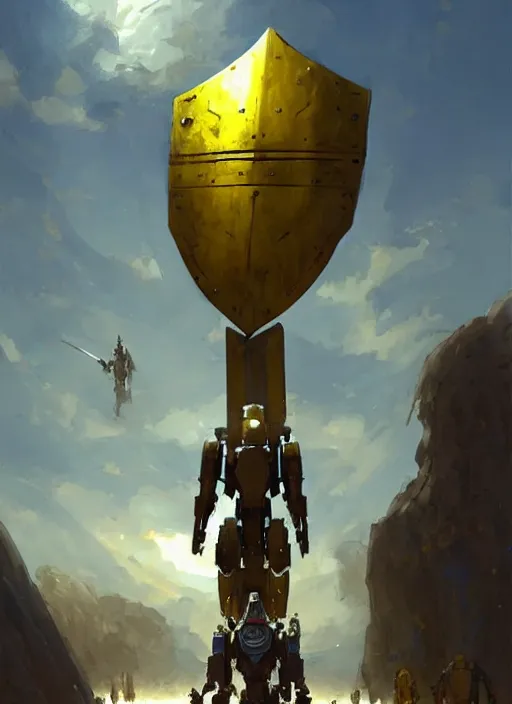 Image similar to tall strong yellow pit droid holding large paladin medieval shield!!! and a long medieval engraved powerful great sword, pancake short large head painterly humanoid mecha, beautiful fantasy background by Greg Rutkowski