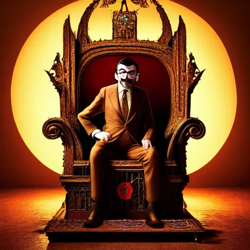 Image similar to A portrait of Mr. Bean depicted as a medieval king on throne, atmospheric lighting, painted, intricate, volumetric lighting, beautiful, rich deep colours masterpiece, golden hour, sharp focus, ultra detailed, by Leesha Hannigan, Ross Tran, Thierry Doizon, Kai Carpenter, Ignacio Fernández Ríos