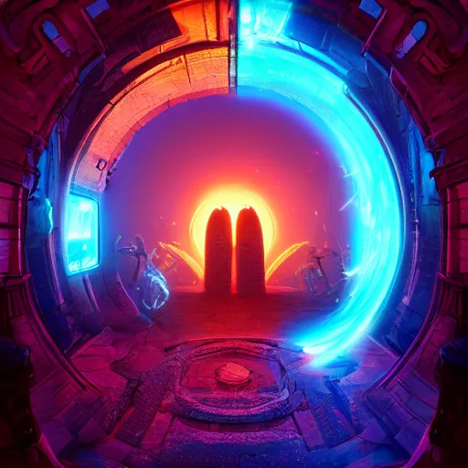 Image similar to portal to another dimension, magnificent, epic, neon, highly detailed, beautiful lighting, fantasy landscape, trending on artstation