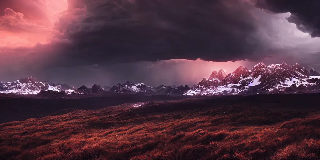 Prompt: a storm dark and brooding far away in the distance, snowcapped mountains in the foreground during sunset, nature, cinematic, hyperrealistic, evil, dark, cgsociety, 8 k