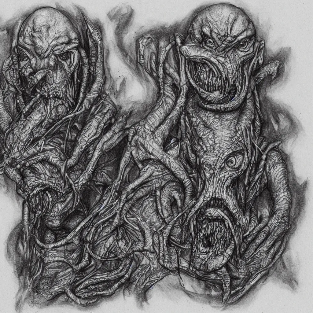 Image similar to super detailed studio portraits of innsmouth dweller concept art, innsmouth ocean - dwellers pencil sketch, mutant, fishmen, lovecraftian, hp lovecraft style, artistic photo, noir, monochrome, dark atmosphere, fine art, ink sketch