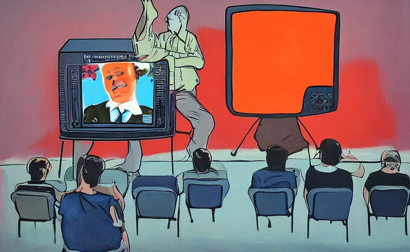 Prompt: a painting of people sitting down being brainwashed by a dictator on a giant 1 9 8 0 s crt television