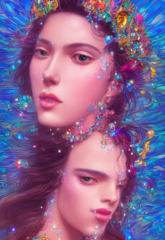 Image similar to beautiful, young woman, detailed gorgeous face, vaporwave aesthetic, synthwave, colorful, psychedelic, water droplets, feathers, crown, artstation, concept art, smooth, extremely sharp detail, finely tuned detail, ultra high definition, 8 k, unreal engine 5, ultra sharp focus, illustration, art by artgerm and greg rutkowski and alphonse mucha