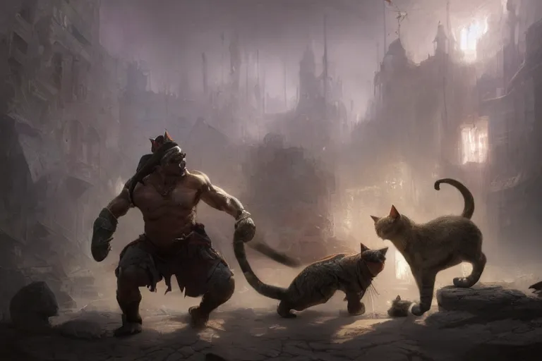 Image similar to a muscular tunisian man fighting a cat wearing crown, digital painting, volumetric light, intricate, sharp, focus, bloom, illustration, highly detailed, concept art, matte, ruan jia, randy vargas, greg rutkowski