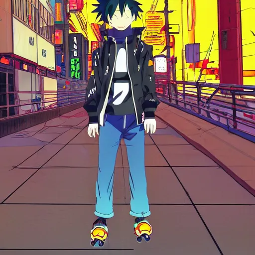 Image similar to anime boy with eccentric clothes, long spiky hair, cel - shading, 2 0 0 1 anime, flcl, jet set radio future, night, night time, entertainment district, japanese city at night, lines of lights, christmas lights, rollerskaters, cel - shaded, jsrf, strong shadows, vivid hues, y 2 k aesthetic