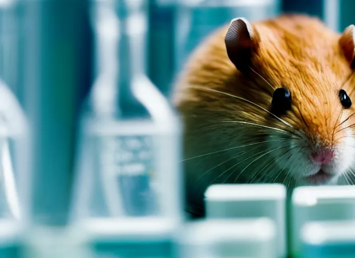 Image similar to film still of a hamster working in a research lab filling test tubes, 8 k