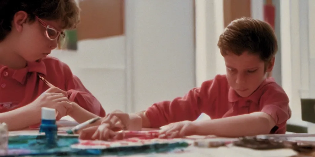 Prompt: screenshot of a scene at a private school where a senator's son paints his nails alone, 1990s psychological thriller by Stanely Kubrick film, color, anamorphic lenses, detailed, sunlit windows, moody cinematography