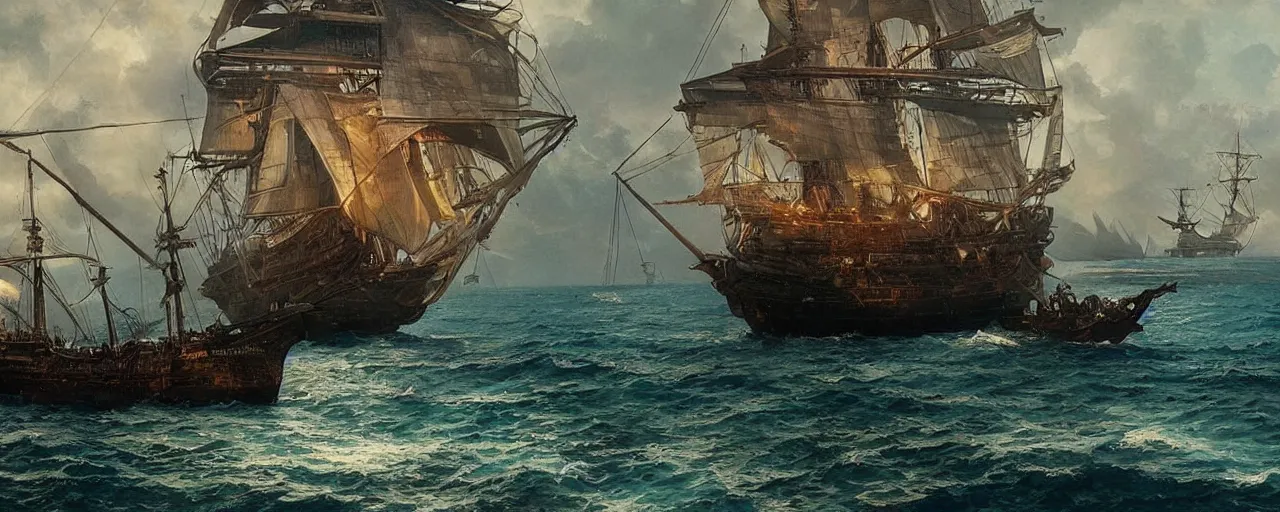 Prompt: The black pearl ship in the caribbean sea, accurate, tropical, highly detailed, digital painting, concept art, sharp focus, photograph, warm, art by greg rutkowski and alphonse mucha