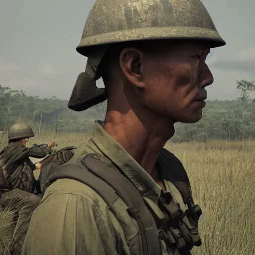 Image similar to hyperrealistic dslr film still of old image of vietnam war, stunning 8 k octane comprehensive 3 d render, inspired by istvan sandorfi & greg rutkowski & unreal engine, perfect symmetry, dim volumetric cinematic lighting, extremely hyper - detailed, extremely lifelike attributes & lifelike texture, intricate, masterpiece, artstation, stunning