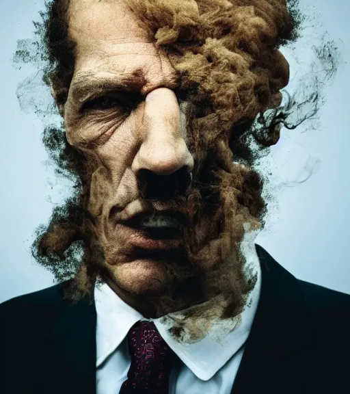 Image similar to annie liebowitz photo of a man who's head is turning into a puff of smoke, award winning photo