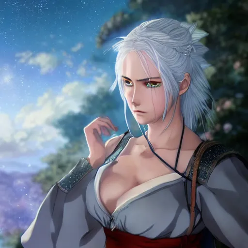 Image similar to anime portrait of ciri from the witcher dressed as a bride, in the background you can see the milky way. official art, key visual, studio lightning, very detailed bd cover, Studio Ghibli, hyperrealistic, artstation H 768