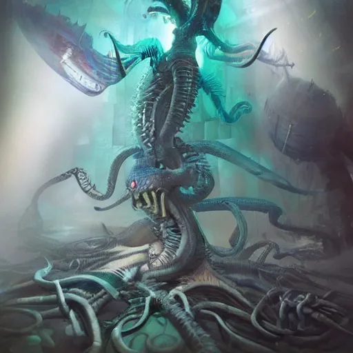 Prompt: phyrexian dreadnought borg queen xenomorph hybrid with protomolecule vesicles being possessed by the machine spirit rikolo and doctor seuss with joan semmel and hr giger pastel high contrast cinematic light, mystical shadows, sharp focus, divine realm of gods, octane render