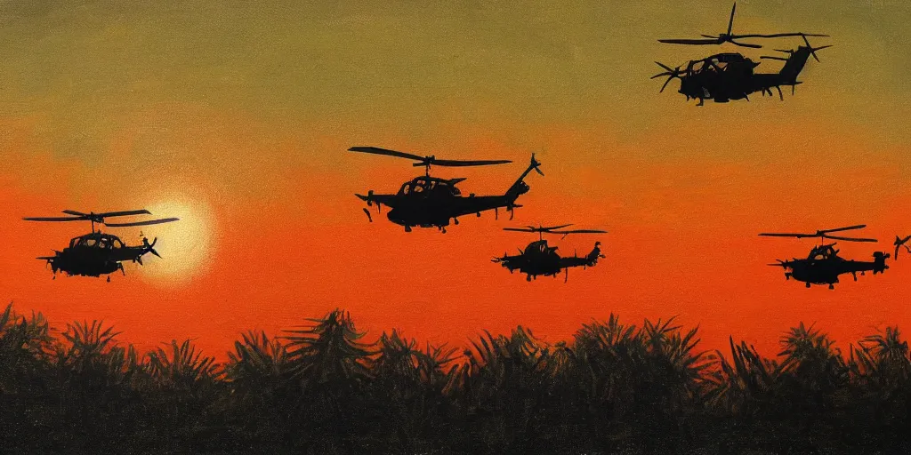 Prompt: Painting of vietnam Huey Helicopters, above a forest, orange sun set, abstract, realism, high details, glow, far, distance, over the horizon, drawn, 8k