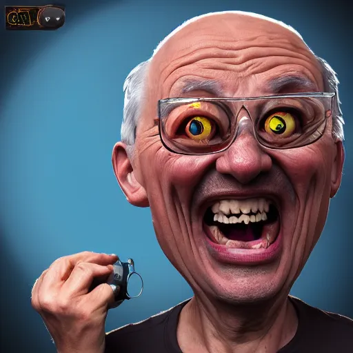 Image similar to a profile picture, old man screaming into camera, fish eye lens, deep wrinkes!!!!!, old,, trending on artstation, scary, funny, highly detailed, 8 k,