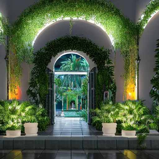 Image similar to cathedral interior with koi pond in the middle surrounded by palm trees, ivy, flowers, tropical plants, roses, and with archways. rendered in octane render with photorealistic lighting