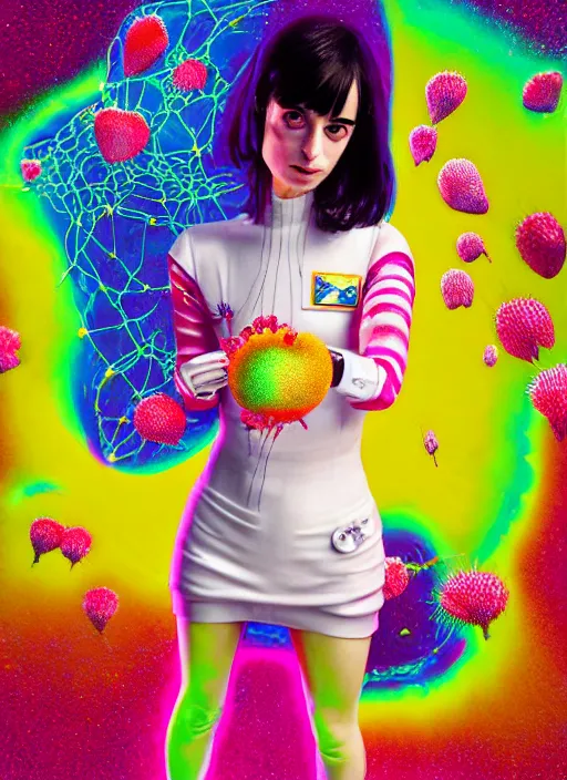 Prompt: hyper detailed render - kawaii portrait (astronaut, suit, chrome dino, porcelain forcefield, looks like Krysten Ritter) Eating Strangling network yellowcake aerochrome strawberry and Her delicate Hands hold gossamer polyp bring iridescent fungal flowers dress, Ryden