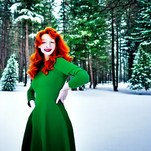 Image similar to redhead women in a green dress, with pockets, photorealistic, saturated colors, winter scenario