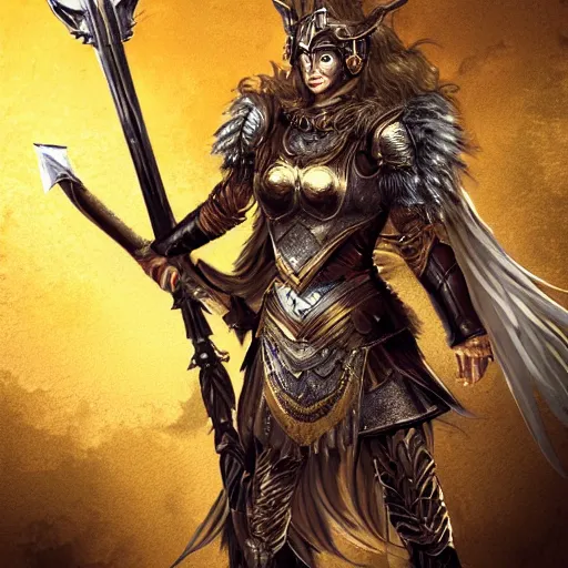 Prompt: Full portrait of detailed valkyrie wielding a shield and spear. Valkyrie is dressed in golden armor; dark fantasy, concept art, dark souls