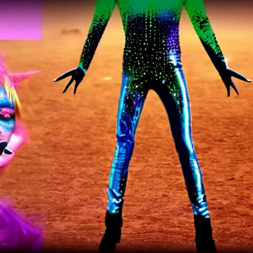 Image similar to ziggy stardust from Mars anamorphic illusion 4k