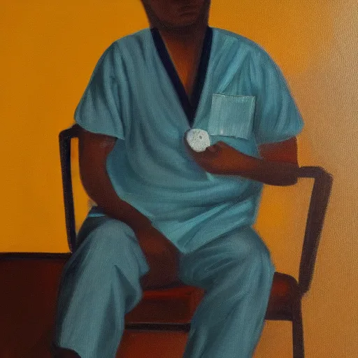 Prompt: a tired doctor in scrubs, sitting on chair, smoking weed, looking lonely and sad, oil painting, dark theme