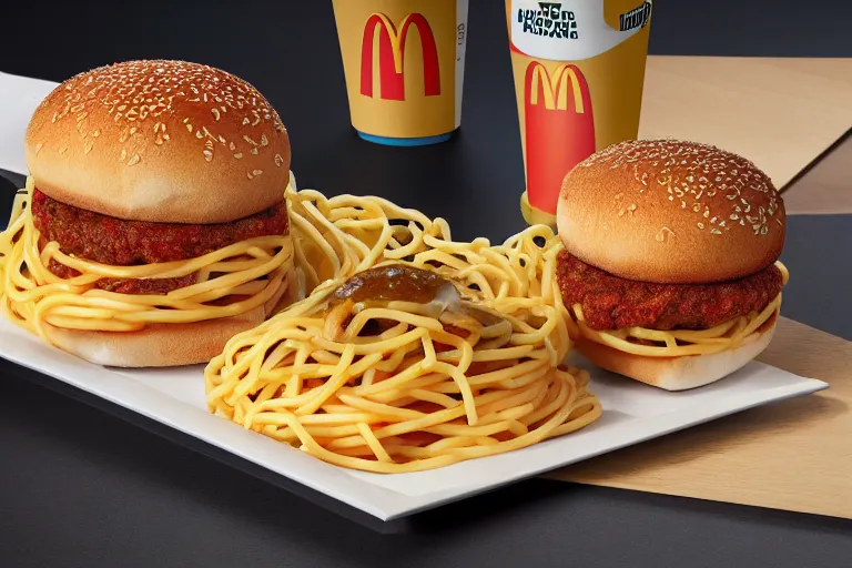 Image similar to mcdonalds spaghetti burger, commercial photography