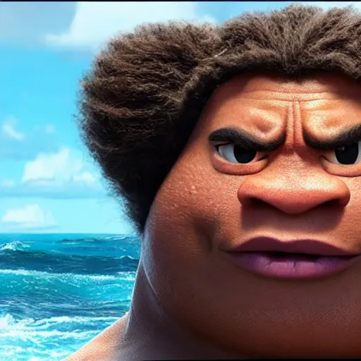 Prompt: dwayne johnson as maoi on a boat from the live action film moana 4 k quality super realistic