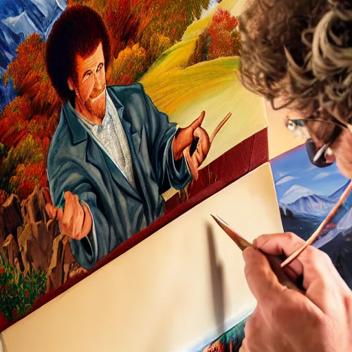 Image similar to a closeup photorealistic photograph of bob ross working on a canvas painting of spiderman. film still. brightly lit scene. mountains and trees. this 4 k hd image is trending on artstation, featured on behance, well - rendered, extra crisp, features intricate detail, epic composition and the style of unreal engine.