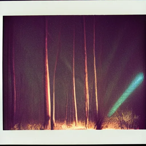 Prompt: a sleek round aircraft with glowing lights flying over a forest at night, old polaroid, expired film,