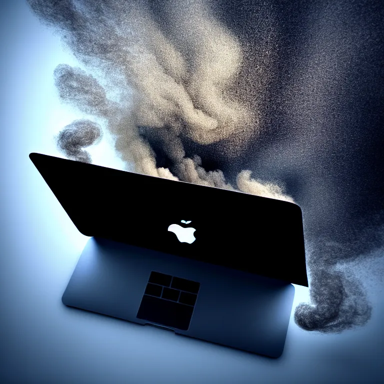 Image similar to a portrait of a macbook disintegration in dust and smoke, cinematic photography, smoke rising like clouds, beautifully symmetrical, super resolution, cgi, volumetric lighting & shadows, hyper detailed, 8 k, unreal engine,